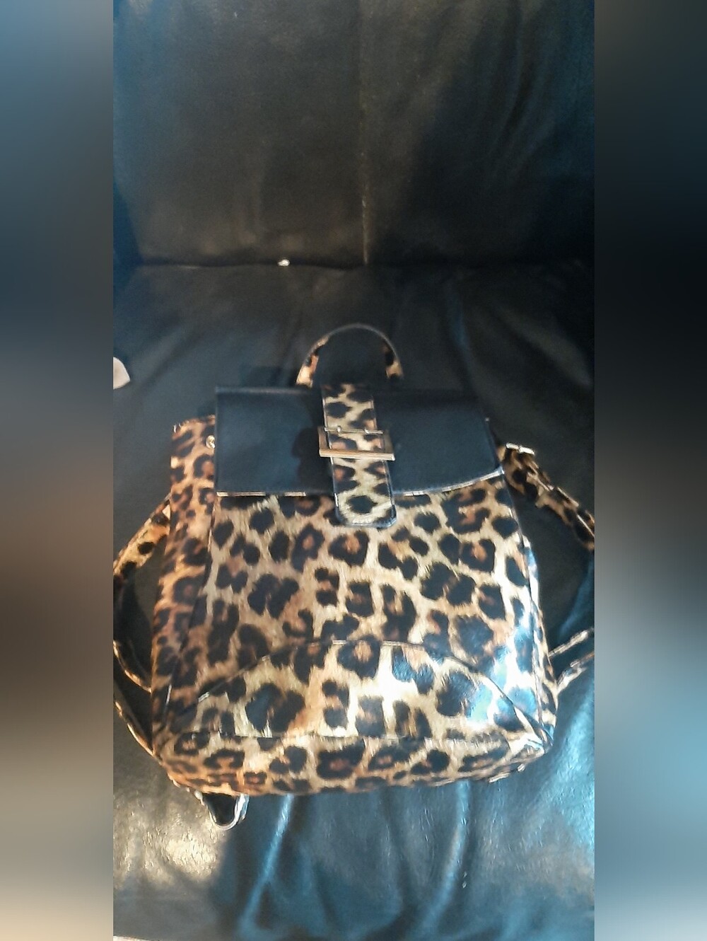 Leopard Print Backpack Handbag with Black Trim